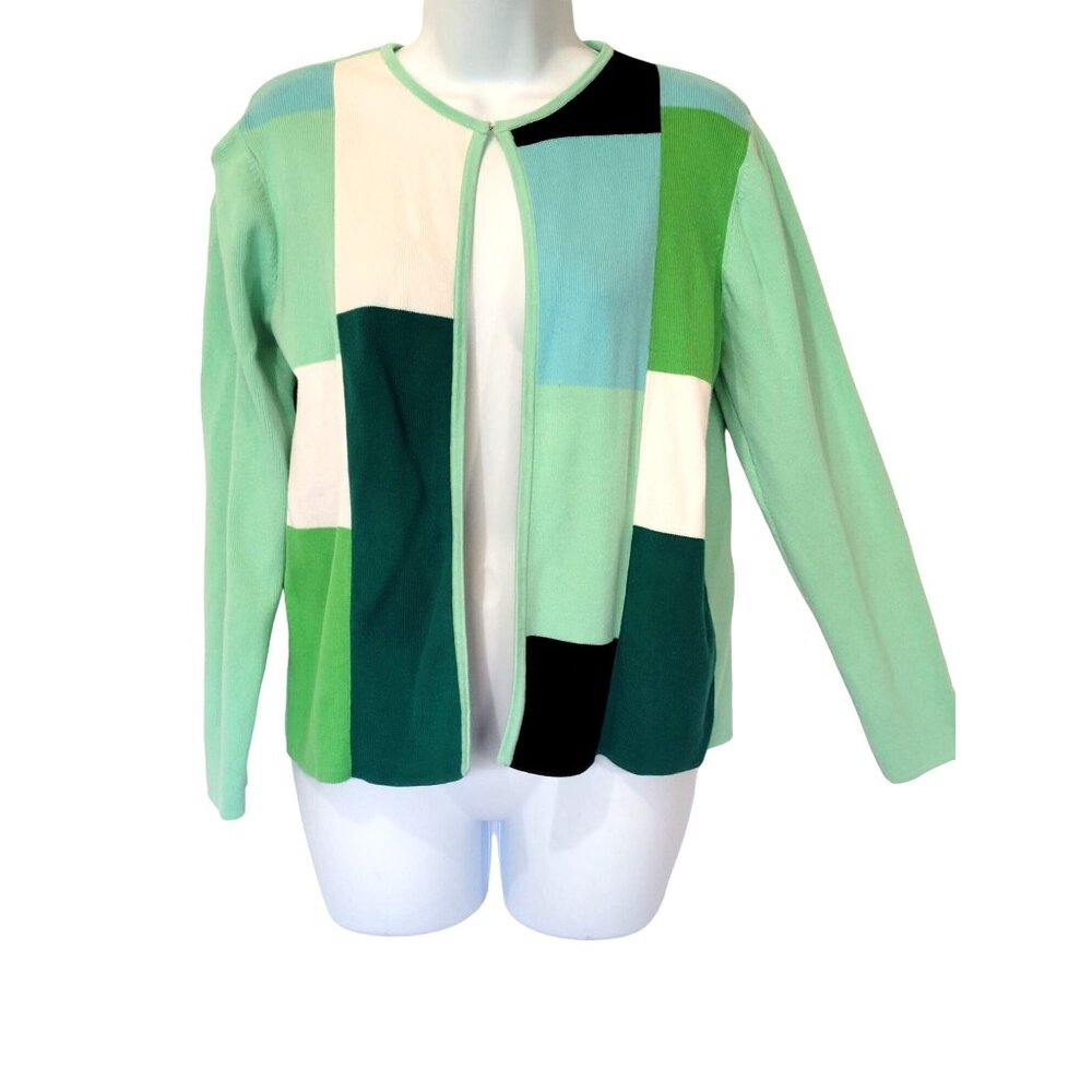 Y2K United States Sweaters Cardigan Sweater M Cotton Green Color Block Open Hook